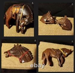 EQUESTRIAN ART DECO HORSE BROOCH PIN Lot of 4 Carved Wood Bakelite Era VINTAGE