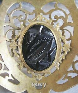 Early Carved Black Bakelite Victorian Mourning Pin Brooch W Fancy Brass Frame