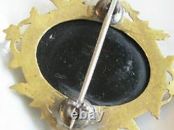 Early Carved Black Bakelite Victorian Mourning Pin Brooch W Fancy Brass Frame