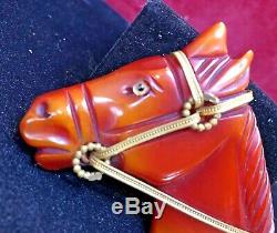 Estate Rare Vintage Bakelite Red Horse Pin Brooch Gold Rein Carved Mane Art Deco