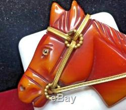 Estate Rare Vintage Bakelite Red Horse Pin Brooch Gold Rein Carved Mane Art Deco