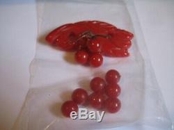 FOR REPAIR Vintage Red Carved Cherries Bakelite Pin/ Brooch DANGLING BERRIES