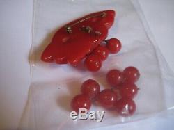 FOR REPAIR Vintage Red Carved Cherries Bakelite Pin/ Brooch DANGLING BERRIES