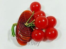 Fabulous Art Deco Carved Bakelite Red Cherries Dangling From Log Brooch Tested