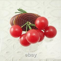 Fabulous Vintage Bakelite 6 Cherry Carved Log Dangle Silver Plated Pin Brooch