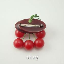 Fabulous Vintage Bakelite 6 Cherry Carved Log Dangle Silver Plated Pin Brooch