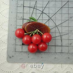 Fabulous Vintage Bakelite 6 Cherry Carved Log Dangle Silver Plated Pin Brooch