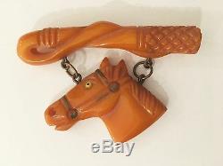 Fabulous Vintage Butterscotch Horse Head, glass eye, with carved Whip pin