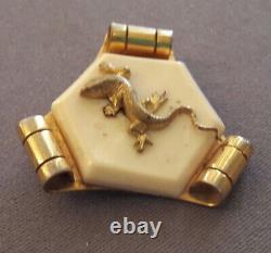 French Vintage Jean Painleve Paris Salamander Lizard Hexagon Brooch Pin