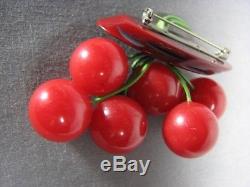 Great Vintage Bakelite Cherry Dangling Red 6 Cherries Dangle Old Log Pin