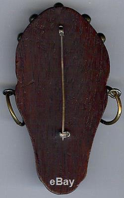 Great Vintage Carved Wood Brass Rings Bakelite Era Tribal Face Pin Brooch