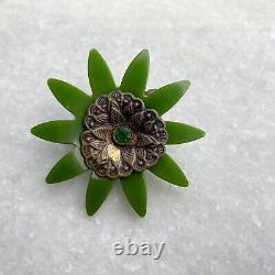 Green Bakelite Flower Brooch Pin Simichrome Tested Rhinestone Vintage Estate