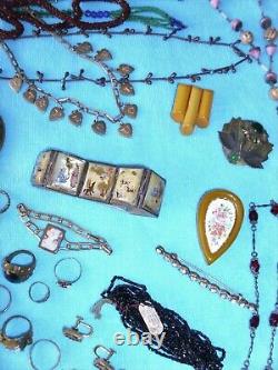 HUGE Antique VICTORIAN & Art Deco JEWELRY Table LOT Necklaces Pins Rings +