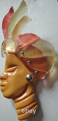 HUGE RARE VINTAGE 30s-40s BAKELITE & LUCITE EXOTIC TURBAN LADY FACE FIGURAL PIN