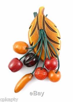 HUGE Vintage 1930s Bakelite Multi Fruit Dangling From Leaf Design Brooch PIN