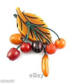HUGE Vintage 1930s Bakelite Multi Fruit Dangling From Leaf Design Brooch PIN