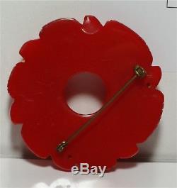 HUGE Vintage 1930s Marbled Red Bakelite WREATH Red Brooch PIN 2 1/2 CARVED