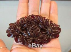 HUGE Vintage Deep Carved Cherry Red Amber Bakelite Roses Brooch Pin Thick Chunky