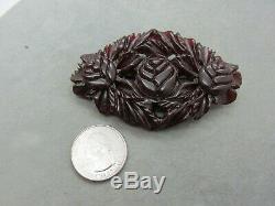 HUGE Vintage Deep Carved Cherry Red Amber Bakelite Roses Brooch Pin Thick Chunky