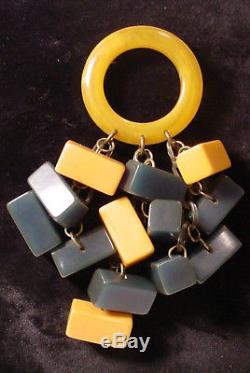 HUGE Vintage TESTED BAKELITE Pin Brooch Circles & Squares 5 1/2 Greens Yellow