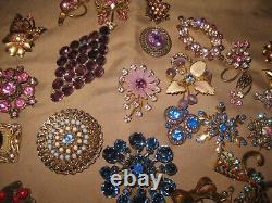 Huge Lot Of 136 Vintage Rhinestone Pin Brooches 1940's Assorted Colors