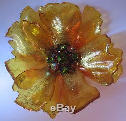 Huge Vintage Glittery Transparent Celluloid Rhinestone Center Poppy Flower Pin