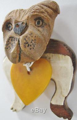 Huge Vintage Wood & Bakelite Bulldog Pin Brooch With Butterscotch Plastic Heart