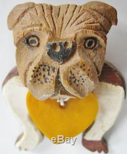 Huge Vintage Wood & Bakelite Bulldog Pin Brooch With Butterscotch Plastic Heart