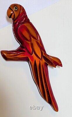 Important Vintage Bakelite Parrot Pin Overdyed Red Lacquer 4.75 Butterscotch