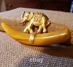 KENNETH JAY LANE RAJ ELEPHANT 4 Bakelite Rhinestone Gold Brooch Pin Vintage KJL