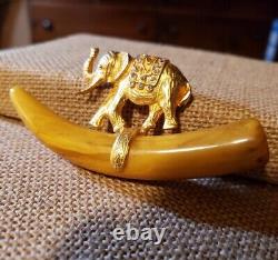 KENNETH JAY LANE RAJ ELEPHANT 4 Bakelite Rhinestone Gold Brooch Pin Vintage KJL