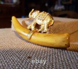 KENNETH JAY LANE RAJ ELEPHANT 4 GOLD RHINESTONE BAKELITE Brooch Pin Vintage KJL