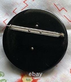 LARGE Vintage Bakelite Pin Reverse Carved Apple Juice On Black. NICE