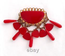 LARGE vintage CHERRY RED BAKELITE PIN/BROOCH with DANGLES