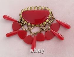 LARGE vintage CHERRY RED BAKELITE PIN/BROOCH with DANGLES