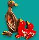 Laminated Carved Wood & Red Bakelite Brooch, 1940s Mama Duck & Ducklings Pin