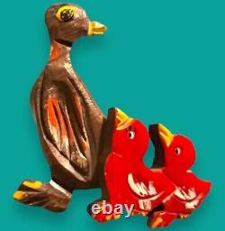 Laminated Carved Wood & Red Bakelite Brooch, 1940s Mama Duck & Ducklings Pin