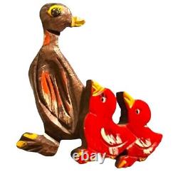 Laminated Carved Wood & Red Bakelite Brooch, 1940s Mama Duck & Ducklings Pin