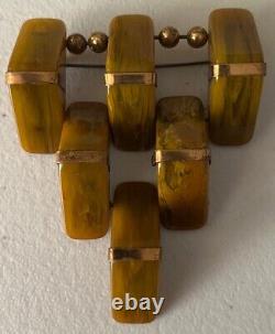 Large 3.5 Vintage Art Deco Brass and Brown Bakelite Tiered Cascading Brooch Pin