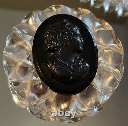 Large Antique Vintage Black Bakelite Clear Acrylic Lucite Cameo Brooch Pin