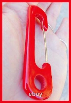 Large Bakelite Safety Pin Brooch Red Color Vintage Simichrome Tested