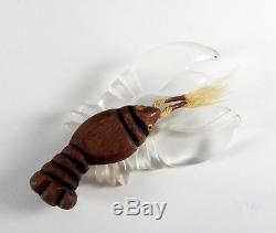 Large Celluloid Vintage Plastics Art Deco Carved Wood Clear Lobster Pin Brooch