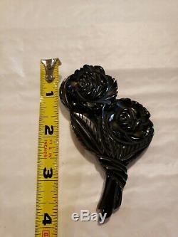 Large Chunky Vintage Deep Carved Black Bakelite Flower Pin Brooch