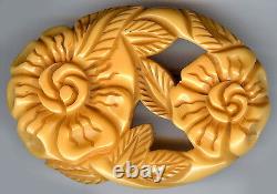 Large Deep Carved Yellow Cut Out Bakelite Flower Pin Brooch