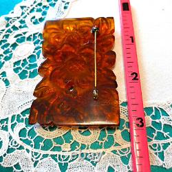Large Excellent 30s BAKELITE Floral PIN Deeply Carved Golden Amber Tested Brooch