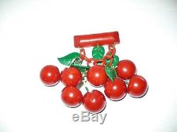 Large & Gorgeous Vintage Red Bakelite Brooch Pin With 8 Large Dangling Cherries