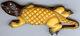 Large Lovable Vintage Carved Yellow Bakelite & Wood Lizard Pin Brooch