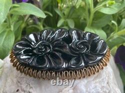 Large OUTSTANDING Vintage Deep Carved Black Bakelite Flower Floral Brooch / Pin