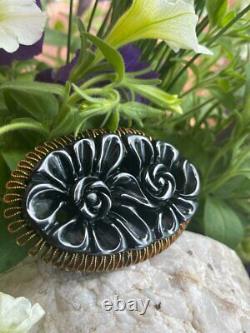 Large OUTSTANDING Vintage Deep Carved Black Bakelite Flower Floral Brooch / Pin