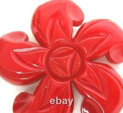 Large Red Carved Bakelite Antique Vintage Flower Pin